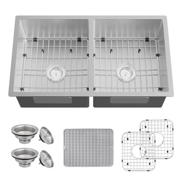 33x19In Stainless Steel Kitchen Sink, Undermount, 50/50 Equal Double Bowl