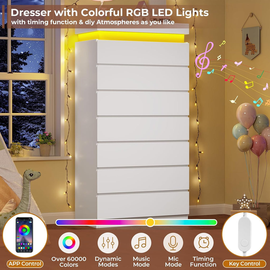 Tall 7 Drawer Dresser with LED Light, White Modern Chest of Drawers ,Closet Dressers with Drawers