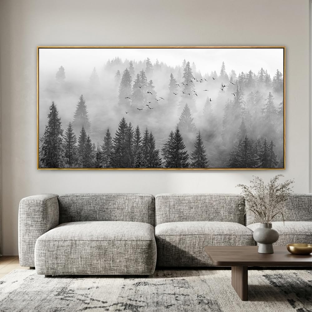 Framed Ready to Hang Wall Art Foggy Forest Black and White Wall Art Nature Landscape Mountain Photographic Printed on