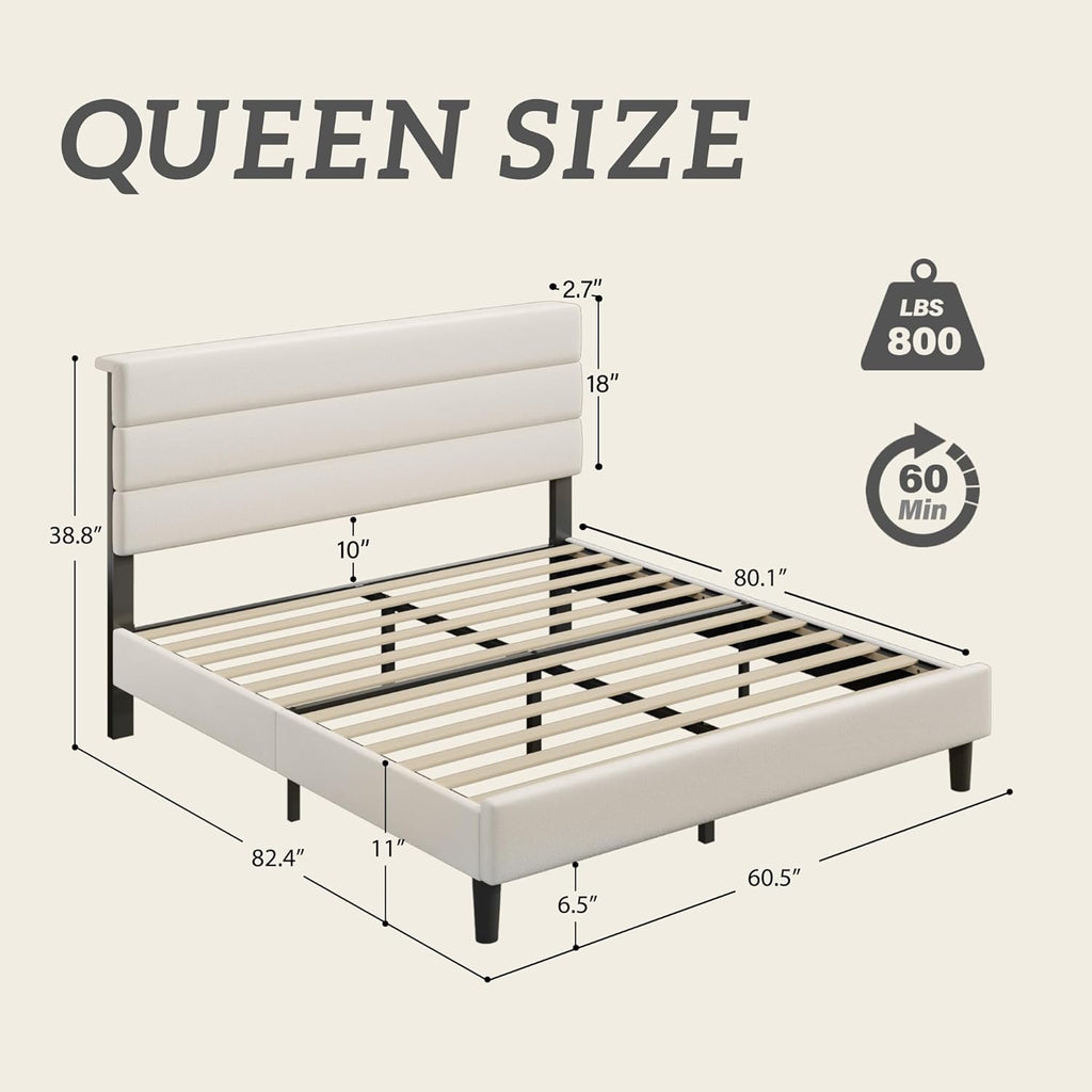 Queen Bed Frame, Platform Bed Frame with Velvet Upholstered Headboard, No Box Spring Needed, Sturdy Metal Support
