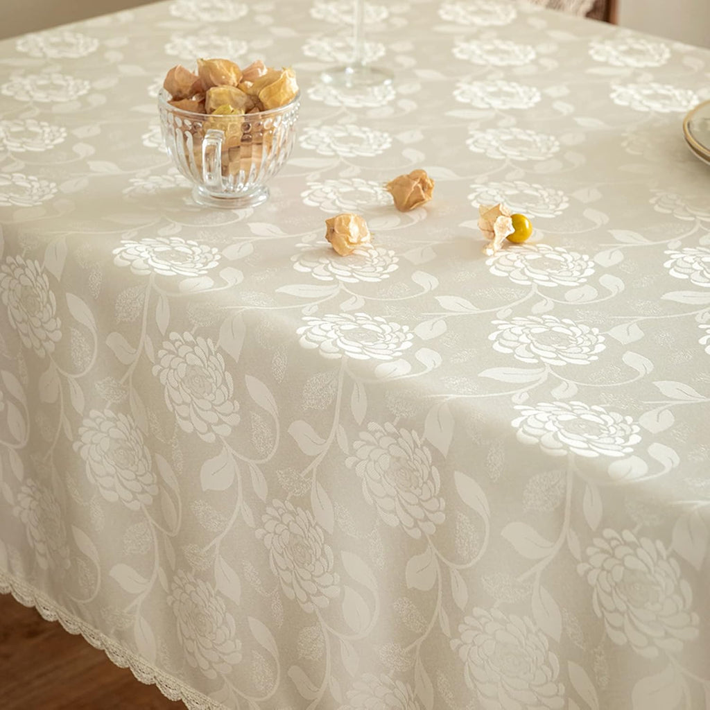 Rose Jacquard Textured Tablecloth Waterproof Spillproof Lace Trim Rectangle Table Cloth, Oblong Tabl