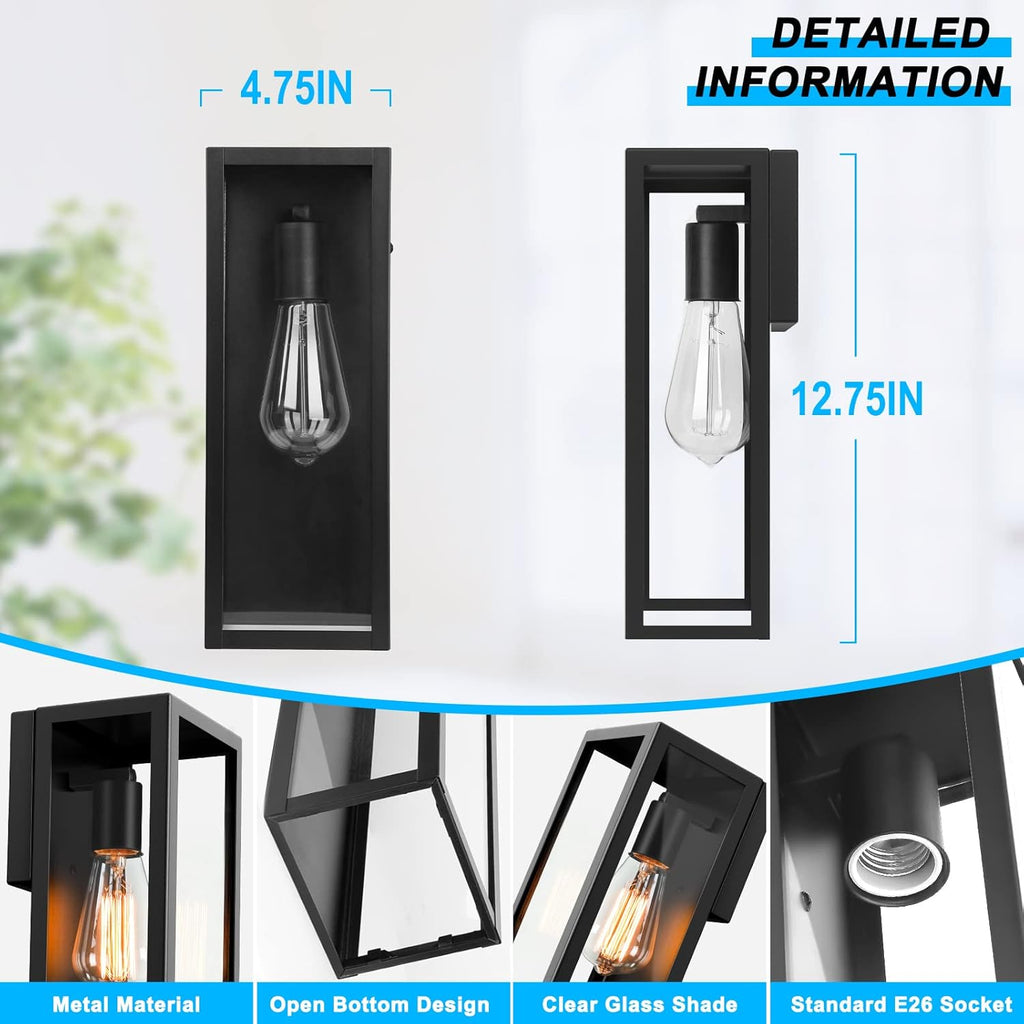 2-Pack Outdoor Wall Lanterns, Exterior Waterproof Wall Sconce with Glass Shades, Matte Black Porch Lights Wall Mounted