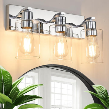 3 Lights Bathroom Light Fixtures Chrome Vanity Light with Clear Glass Shade 18in Modern Bathroom Lighting Fixtures