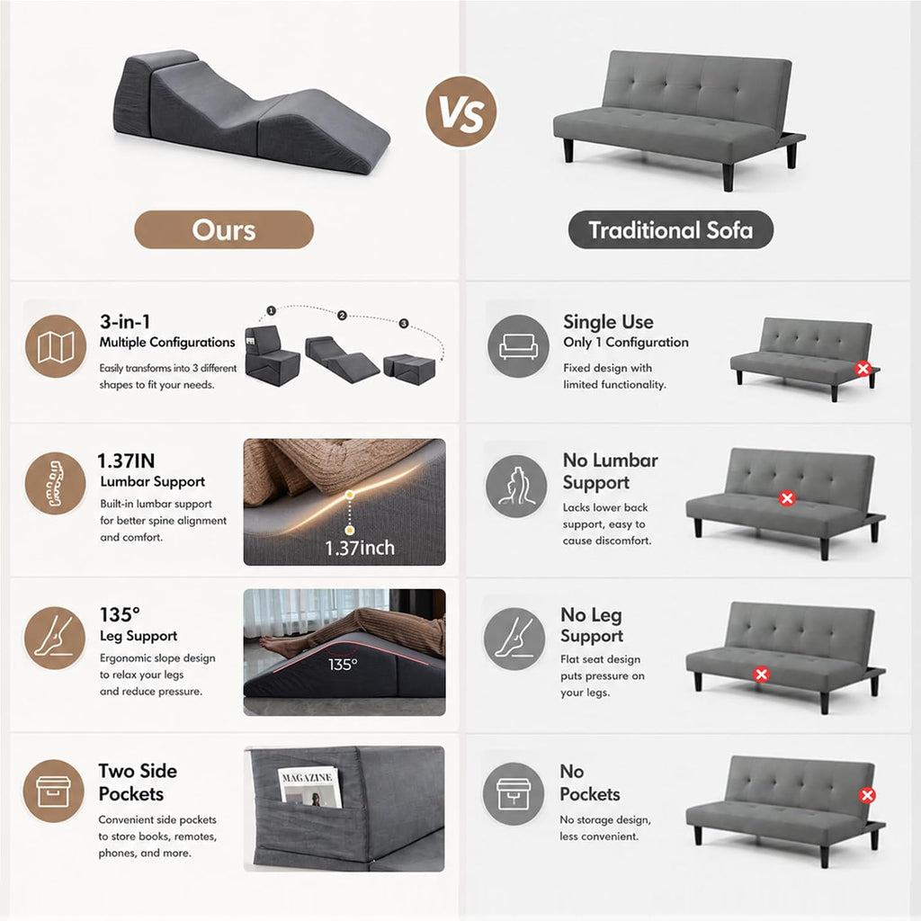 Yoga Chaise Lounge Chair Indoor, 3-in-1 Convertible Boneless Couch Bed | Corduroy Floor Sofa with Memory Foam, Zero