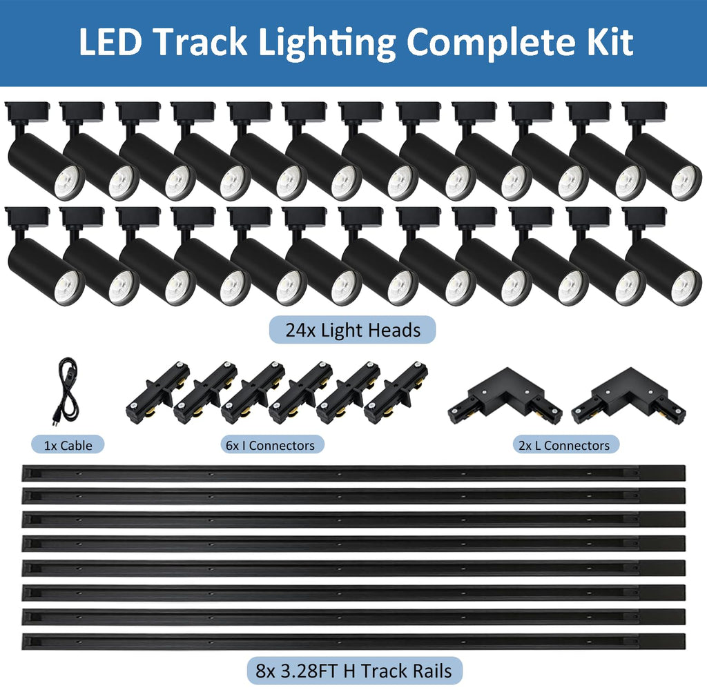 Plug‐in Track Lighting Kit with H‐Type 6000K Cool White 24 Heads