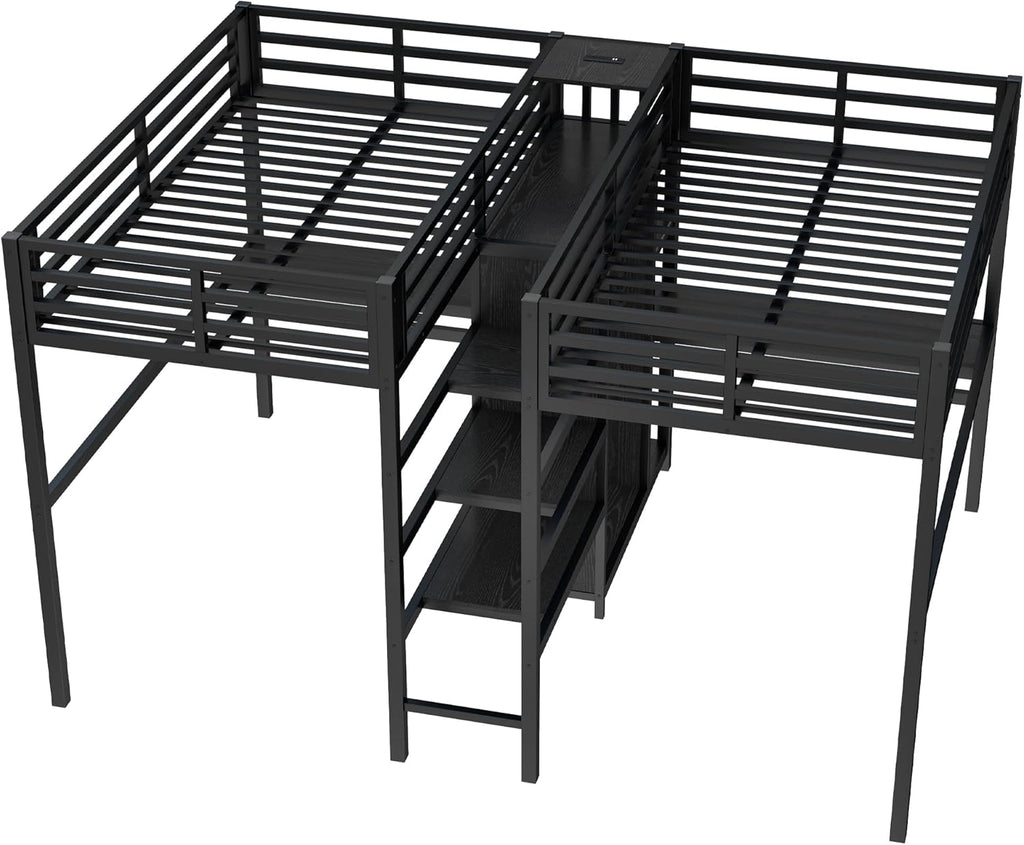 Twin Over Twin Metal Loft Bed with Desk and Wardrobe for 2 Kids,Twin Heavy Duty Double Loft Bed Frame with Charging