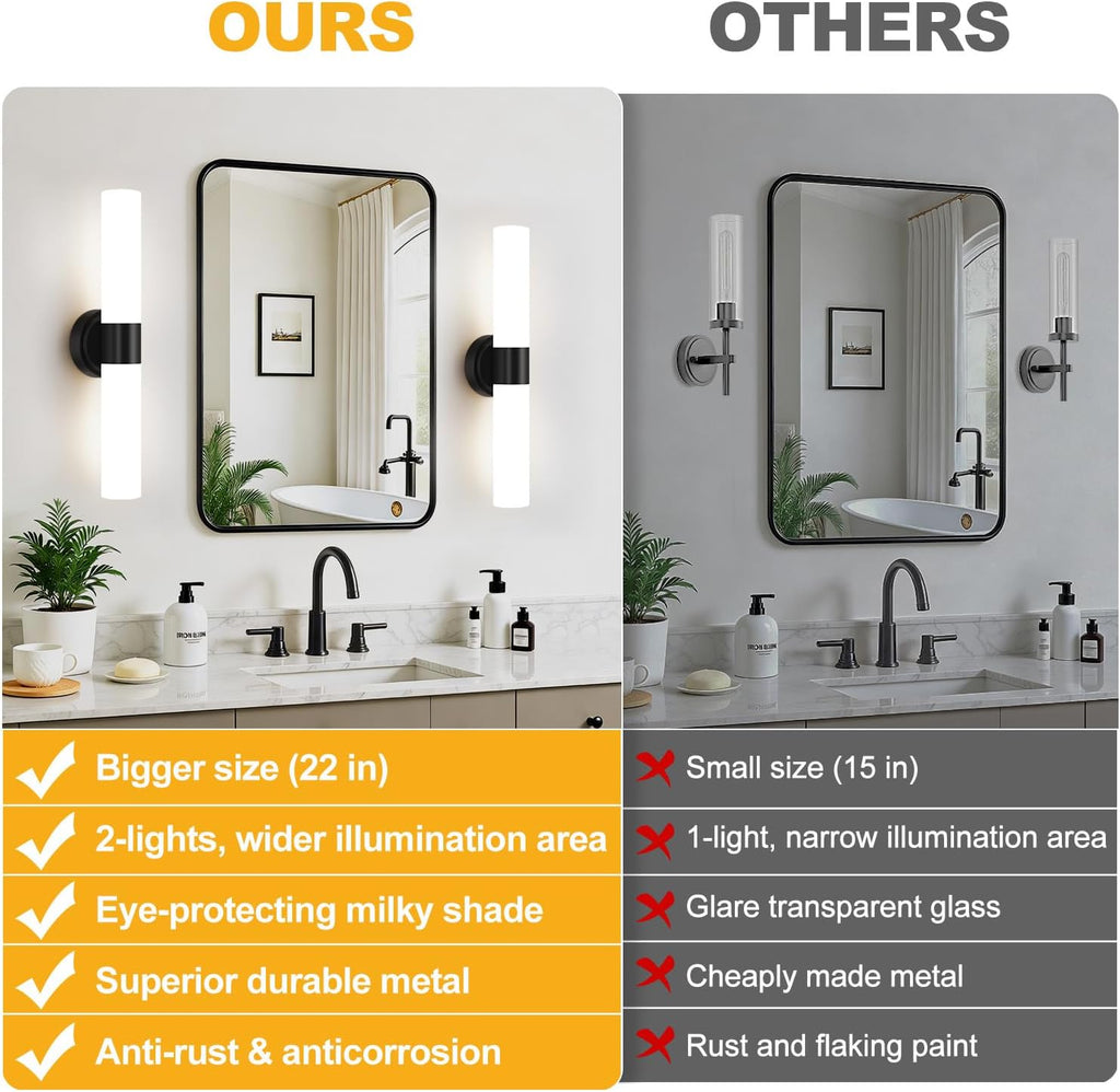 Wall Sconces Set of Two, Modern Bathroom Sconces Wall Lighting with Milky White Glass, Matte Black Sconces Wall Decor