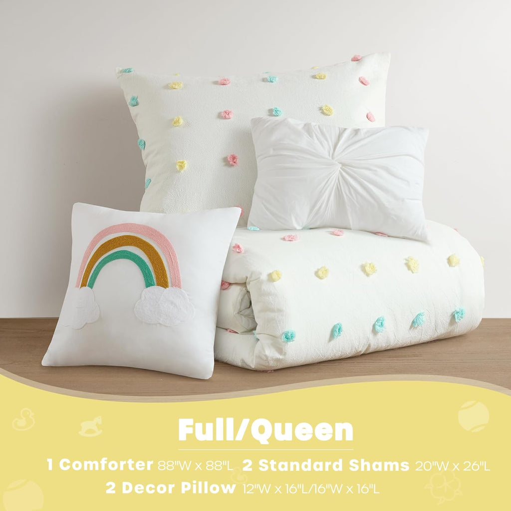 Girls Comforter Set, Ivory 5-Piece Kids Bedding, 100% Cotton Tufted Pom Pom Tufted Jacquard, All