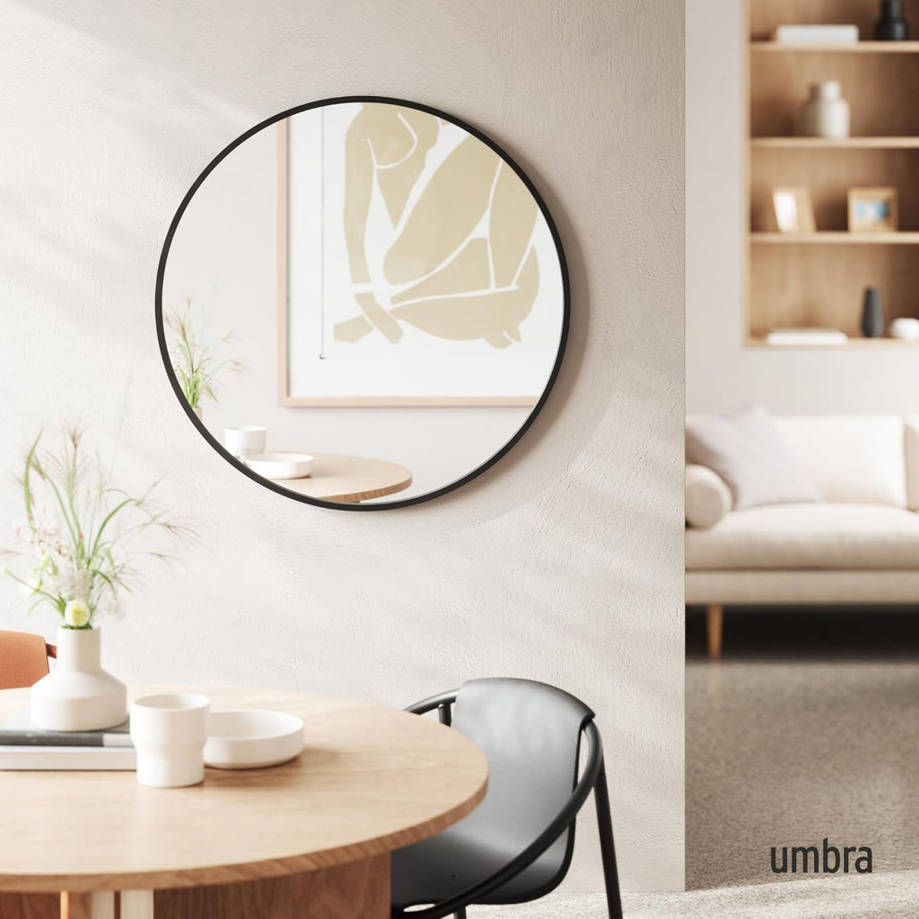 Hub Round Wall Mirror with Rubber Frame, Modern Style and More, 37-Inch, Black