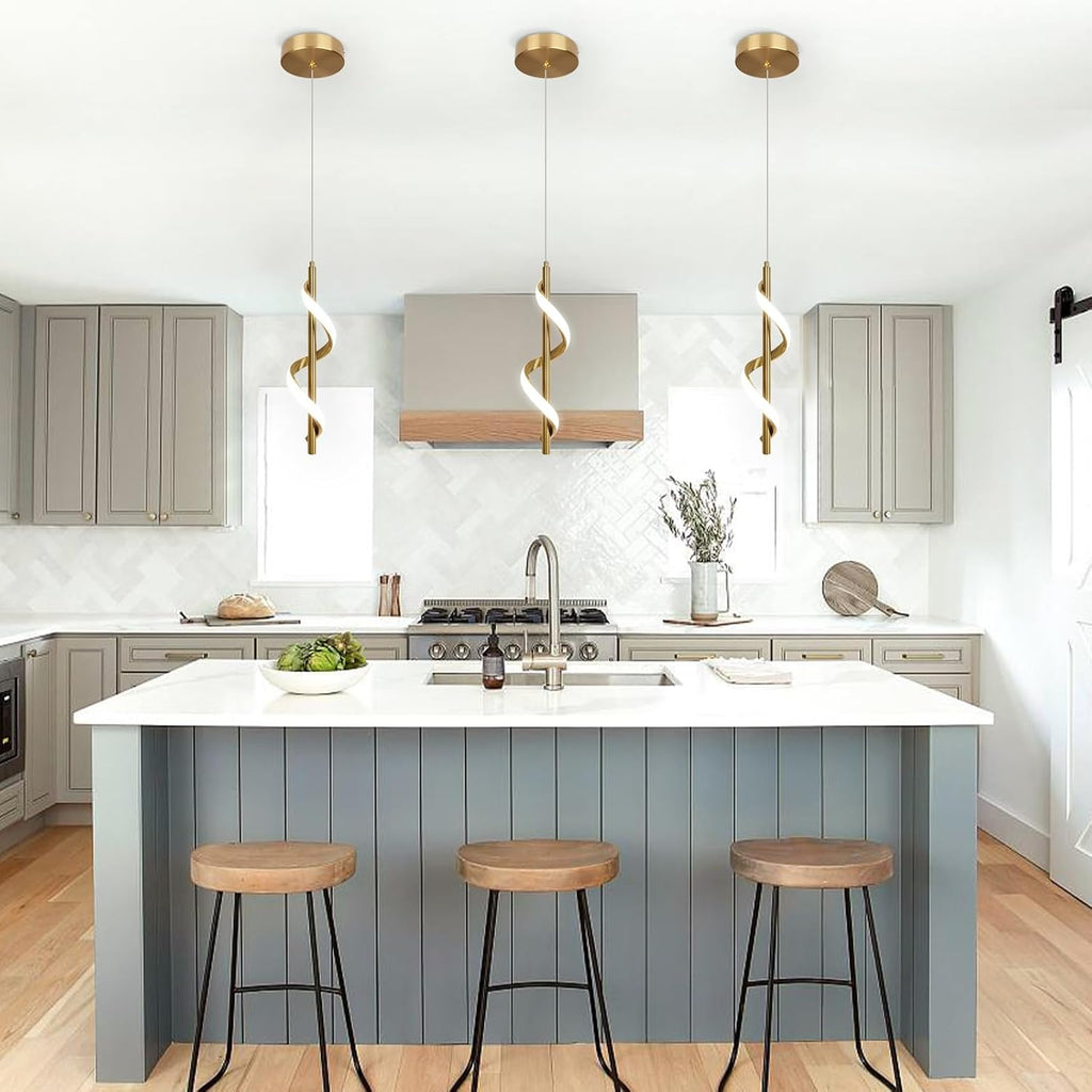 Gold Pendant Light, Spiral Modern Led Pendant Lighting for Kitchen Island, 5500K Brushed Brass Ceiling Hanging Light