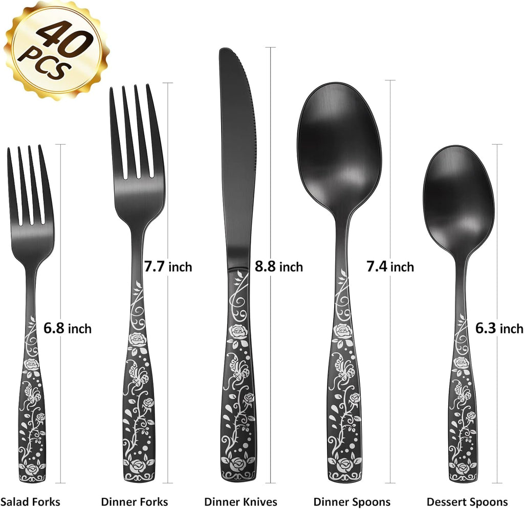 Matte Black Rose Flower Pattern Silverware Set for 8, 40-Piece Flatware set