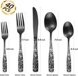 Matte Black Rose Flower Pattern Silverware Set for 8, 40-Piece Flatware set