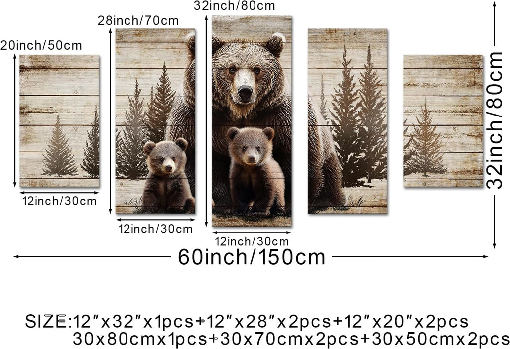 Large 5 Piece Vintage Grizzly Bear Canvas Wall Art Brown Bear Family Forest Painting Farmhouse Cabin Decor Gallery