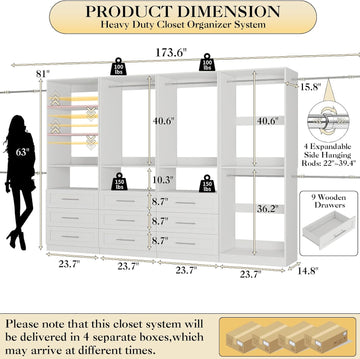Closet System with 4 Sets, 8-21FT Closet Organizer System with 9 Drawers & 6 Shelves & 8Hanging Rods, Custom L-Shaped