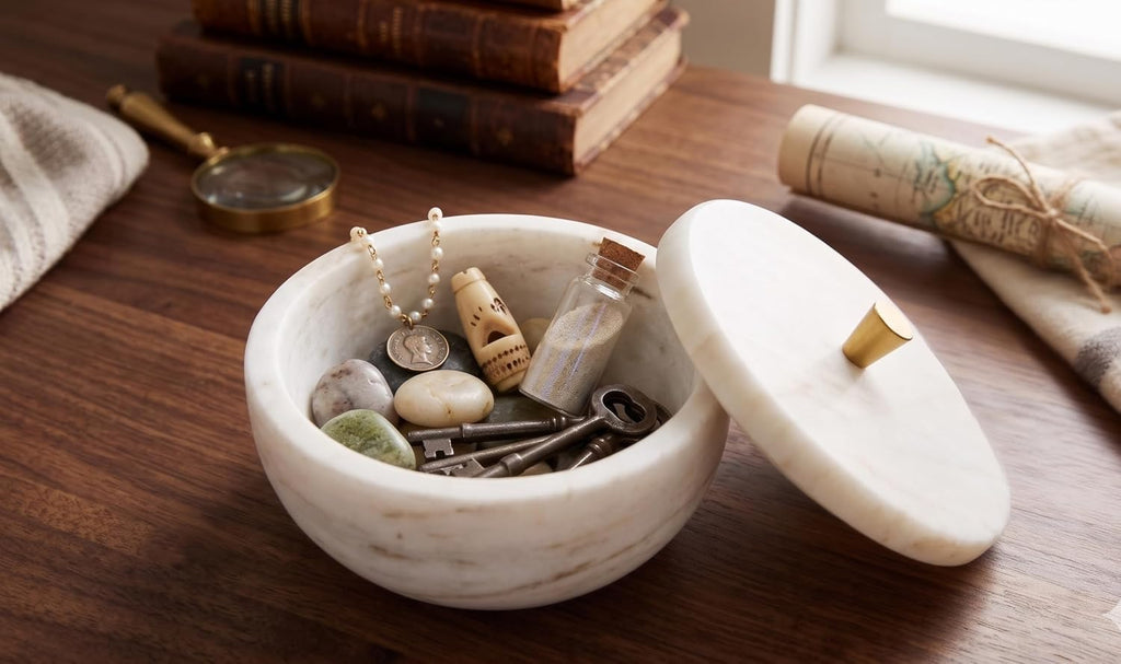 White Marble Storage Box with Copper Knob - Round Decorative Organizer for Jewelry, Trinkets, Bathroom or Office