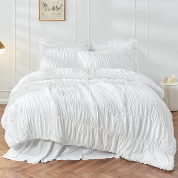 King Size Comforter Set - Ruched White Comforter King Bed Set Boho Bedding - Fluffy 3 Piece Ruffle Comforter Set with