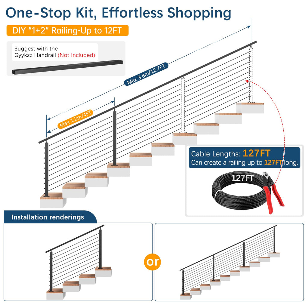 Swageless 4-12FT Black Stair Cable Railing Kit Surface Mount 36"