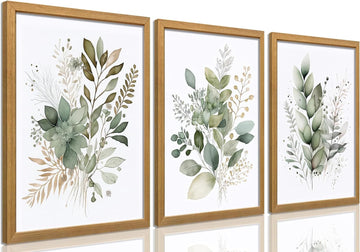 Sage Green Botanical Wall Art Set of 3, Modern Watercolor Eucalyptus Leaf Canvas Prints, Minimalist Boho Floral Wall