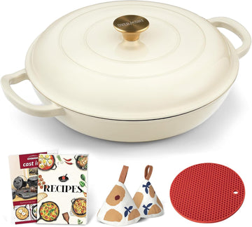 Enameled Cast Iron Dutch Oven - 3.8 QT Shallow Braiser with Recipe | Enameled Casserole with Lid Potholders, Oven