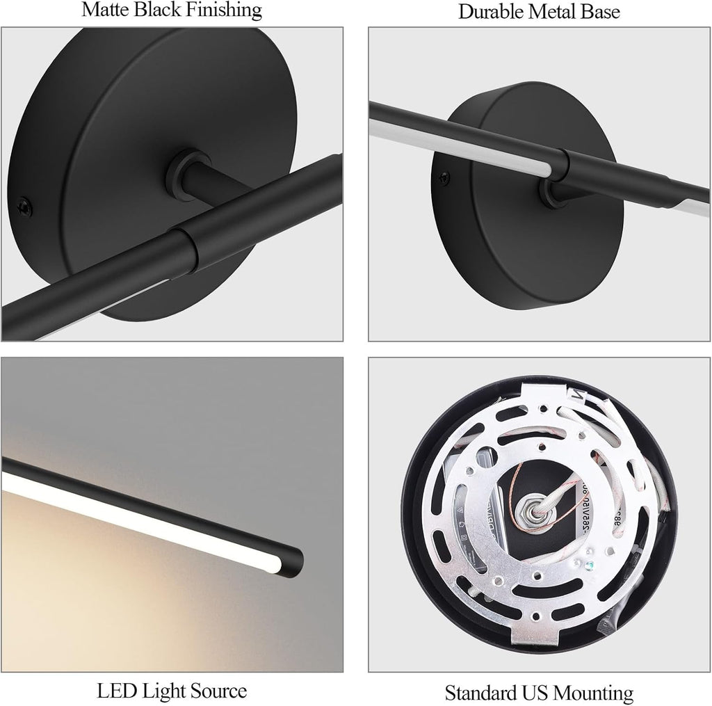 Black Wall Sconce 28In Hardwired Vanity Light Fixture 3000K Indoor Bathroom Sconce Over Mirror 360° Rotate