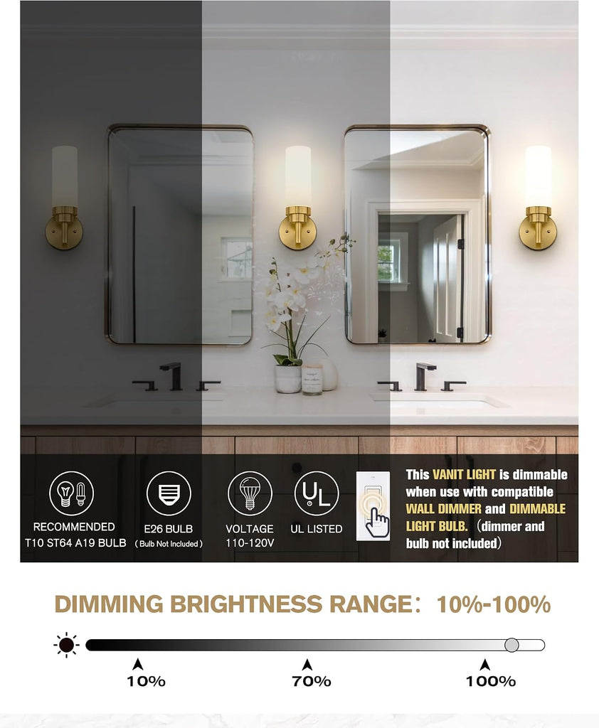 Wall Sconces Set of 2, Modern Brushed Gold Bathroom Vanity Sconce Wall Lighting with Milk Glass Shade for Bathroom