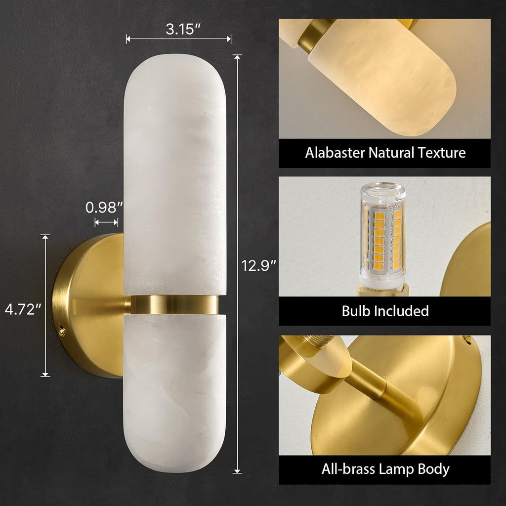 Natural Alabaster Brass Wall Sconce - Modern Luxury Spanish Stone Cylinder Sconces with Bulb - Brushed Gold Indoor