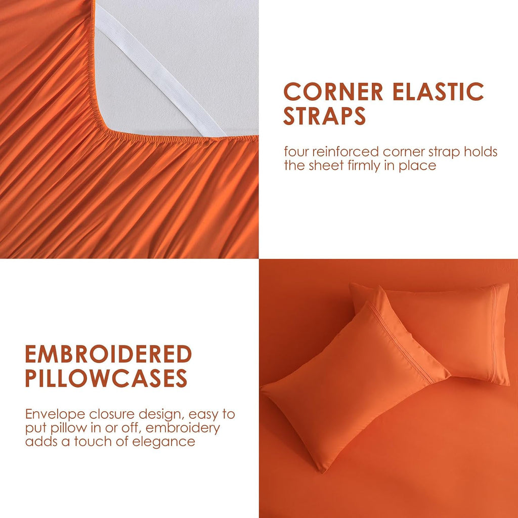 Orange Sheet Set with Side Storage Pocket, 4 Piece Soft Microfiber Bed Sheets Deep Pocket Corner Straps