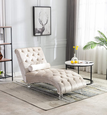 Velvet Chaise Lounge Chair with Toss Pillow, Modern Tufted Button Lounge Chair with Acrylic Legs, Upholstered Indoor