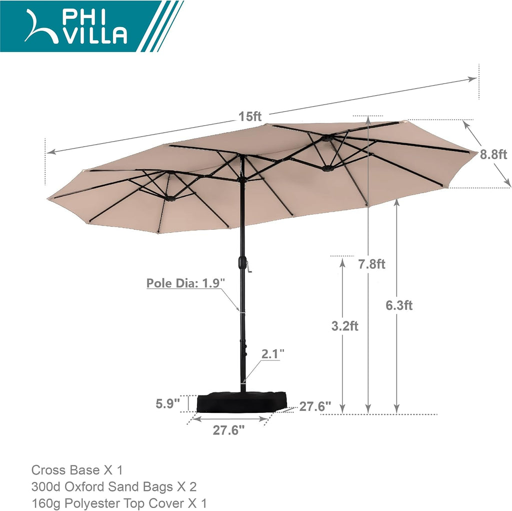 15FT Patio Umbrella with Base, Large Double-Sided Outdoor Market Umbrella with Crank Lift, UV-Resistant Canopy Khaki