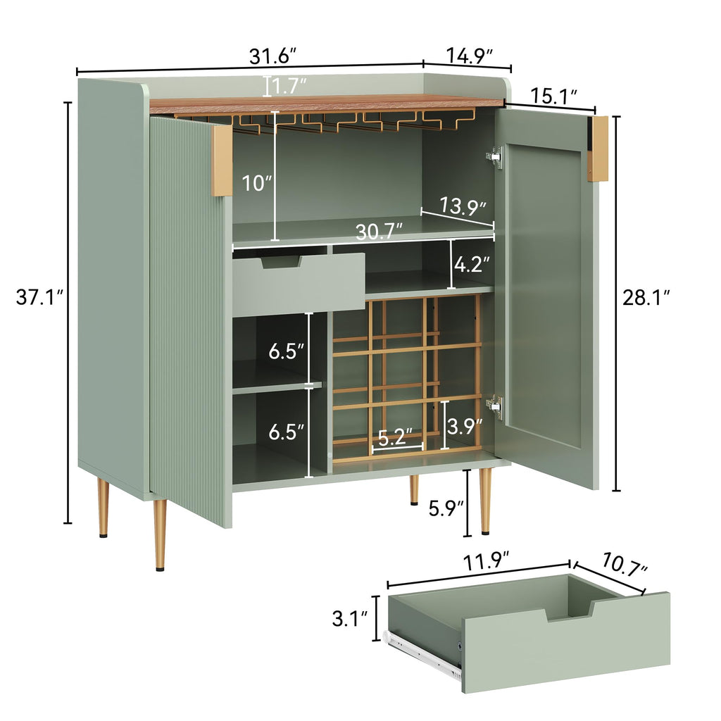 Coffee Bar Cabinet with Wine Rack&Glass Holder, Sage Green