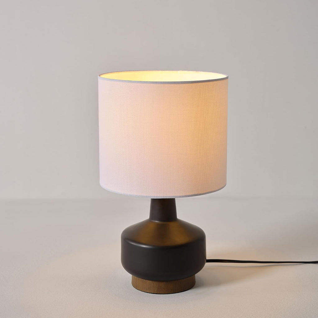 15" Ceramic Table Lamp, Matte Black Base, Wood-Toned Accent, White Linen Shade, Dual Rotary Switch