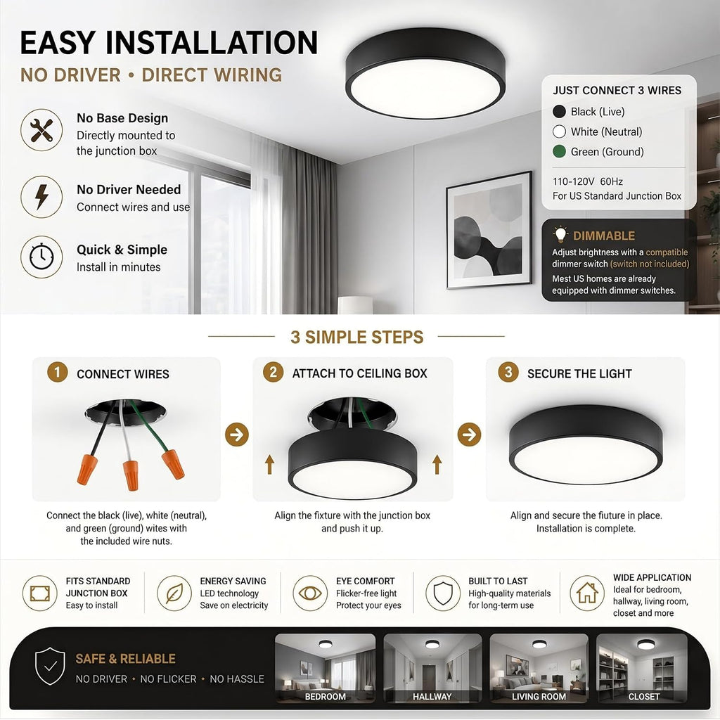 Matte Black Flush Mount Ceiling Light, 3000-5000K 13inch Modern Bedroom Lighting Fixtures Ceiling Mount, Dimmable