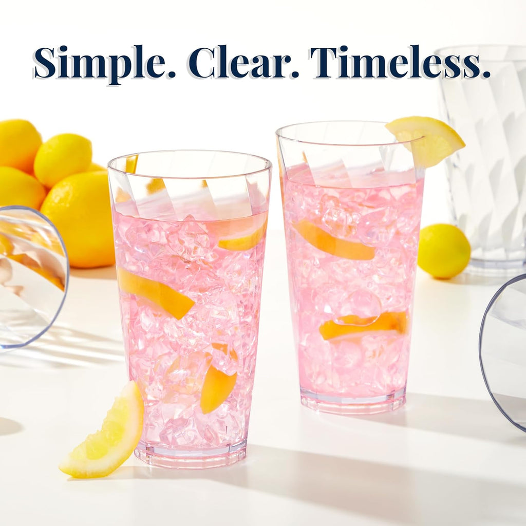 Optix Plastic Reusable Drinking Glasses (Set of 8) 20oz Water Cups in Clear | BPA-Free Tumblers, Made in USA |