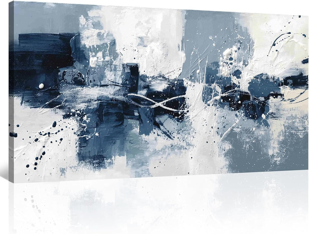 Large Navy Blue White Abstract Wall Art Modern Geometric Abstract Canvas Painting Prints Minimalist Artwork Dining