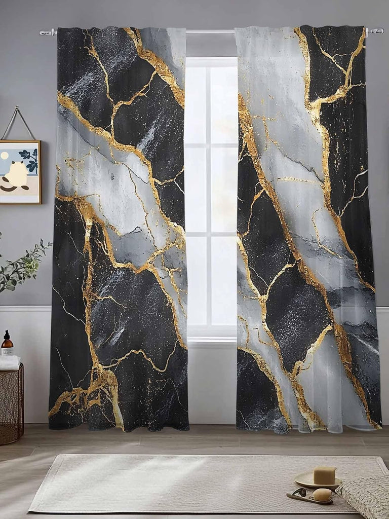 Sheer Curtains 2 Panels Set, Marble Black Semi Sheer Curtains for Windows, Grey Granite Surface Luxury