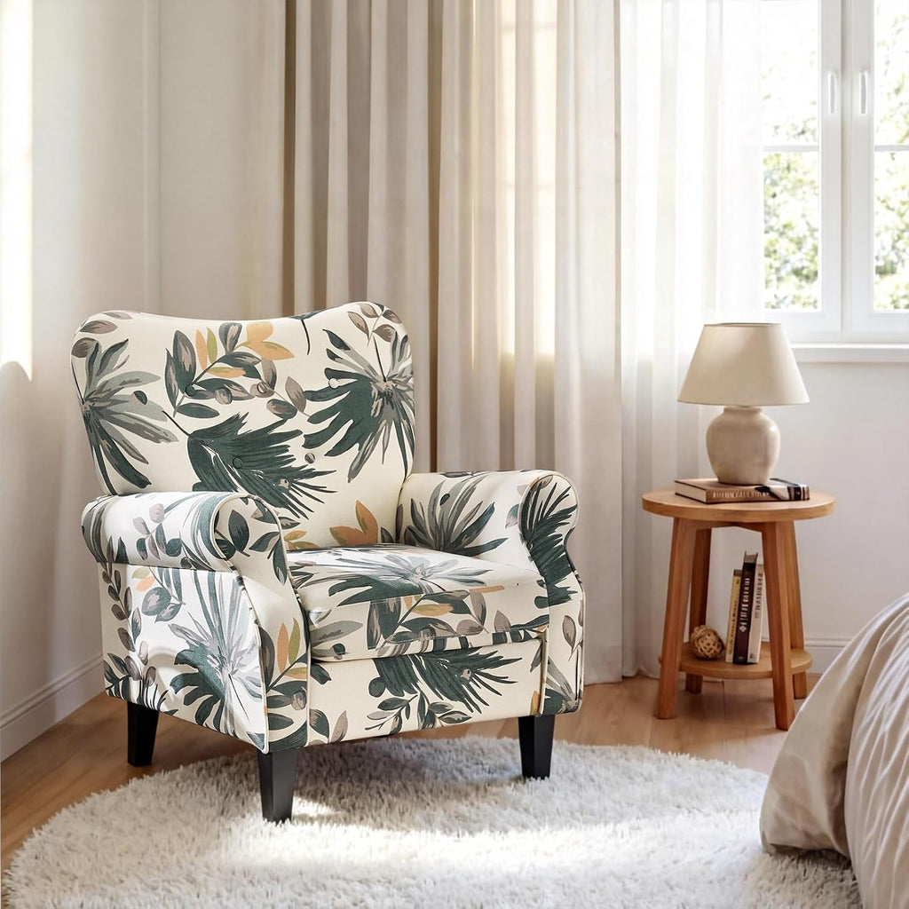 Mid Century Wingback Arm Chair, Modern Upholstered Fabric High Back Accent Chair with Wood Legs, Upholstered Single