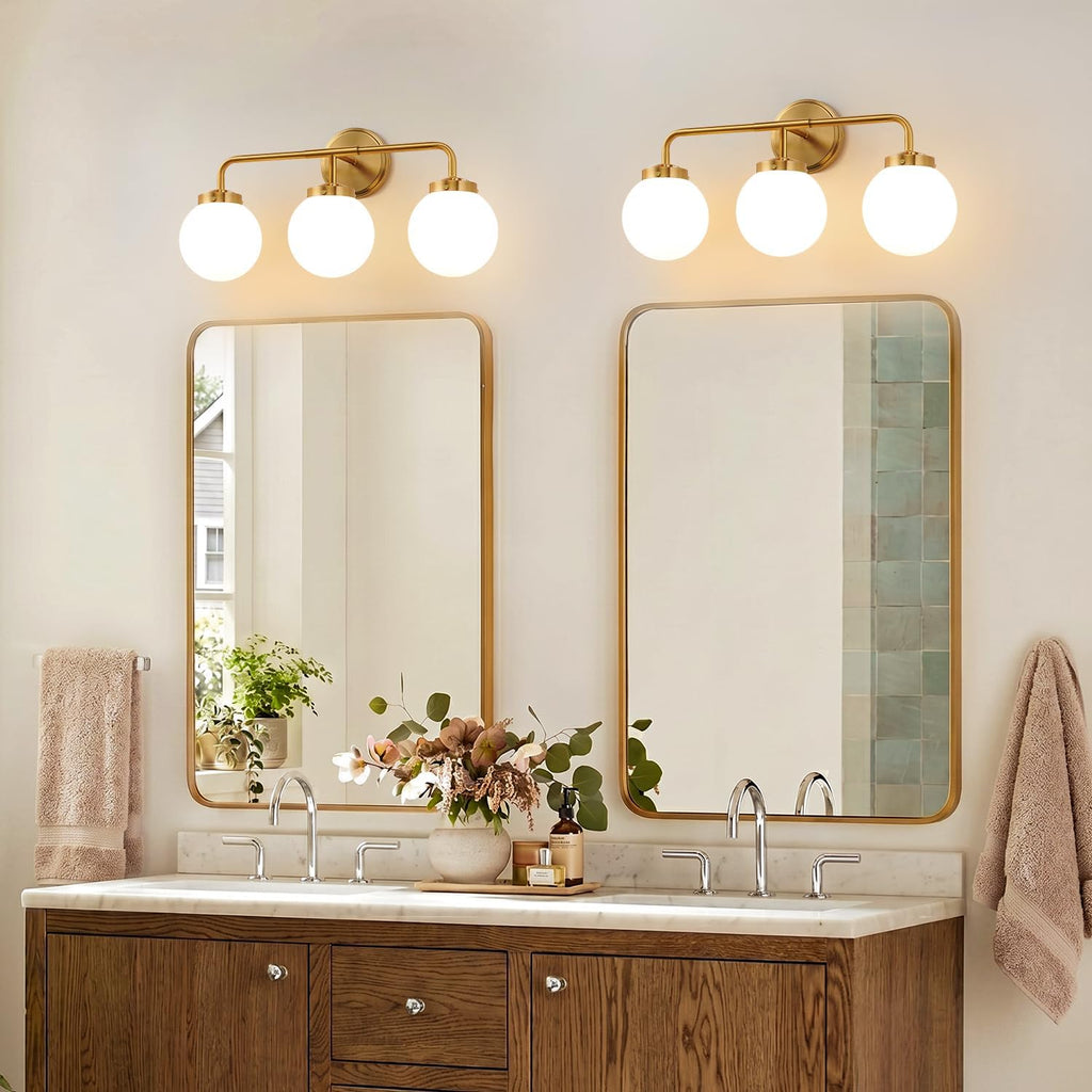 Modern Brushed Gold Vanity Lights , Mid Century 3 Light Bathroom Vanity Light with Globe Milky White Glass Shade Over
