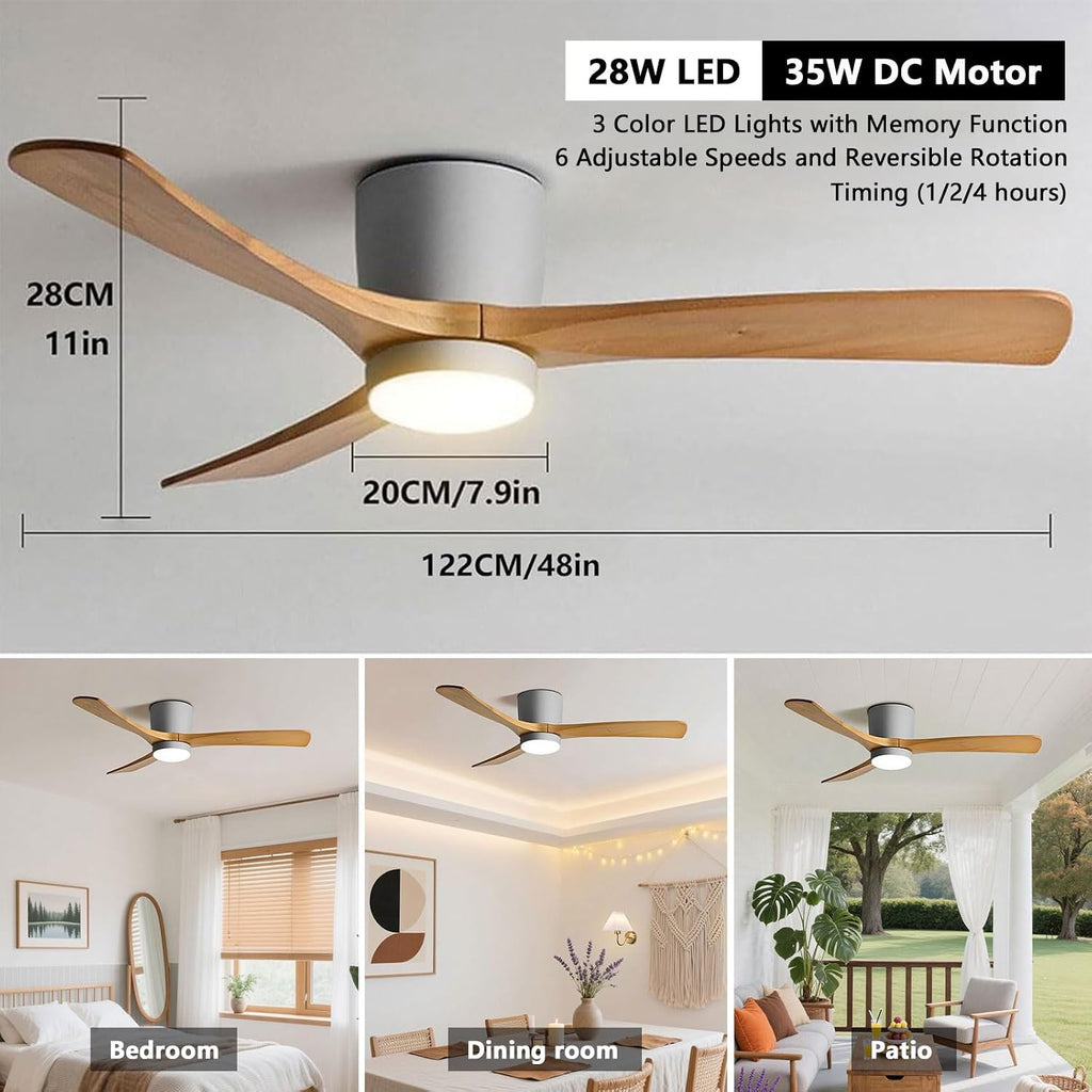48" Quiet Ceiling Fan with LED Lights - 6 Speed Remote, 3 Color Temperatures, Modern Wood Flush Mount Ceiling Fans