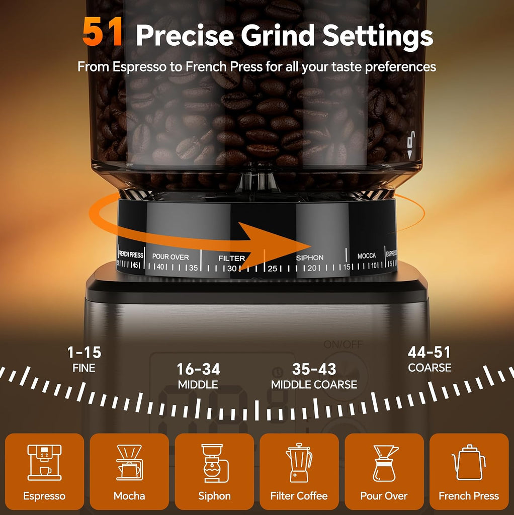 Conical Burr Coffee Grinder, 51 Precise Grind Settings Automatic Coffee Grinder, Smart Dual Control LED Display, 1-12