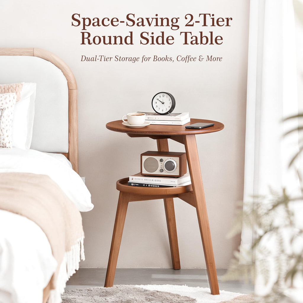 2-Tier Round Bamboo Side Table, Mid Century Modern