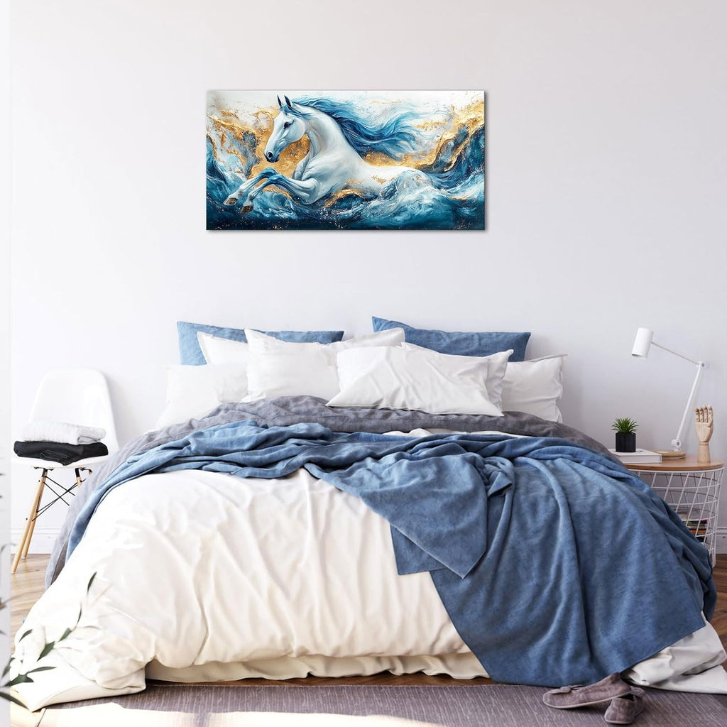 Abstract Horse Wall Art Modern Blue and Gold Sea Wave Animal Picture Wall Decor Canvas Prints Ocean Horse Painting