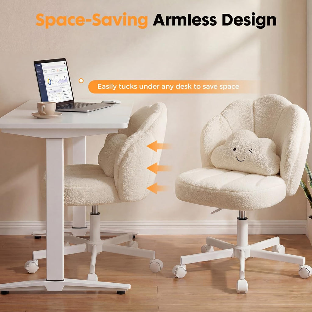 Vanity Chair with Wheels, Cute Desk Chair for Girls Women, Upholstered Home with Backrest, Height Adjustable