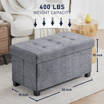 30" Large Storage Ottoman Bench with Legs, Gray