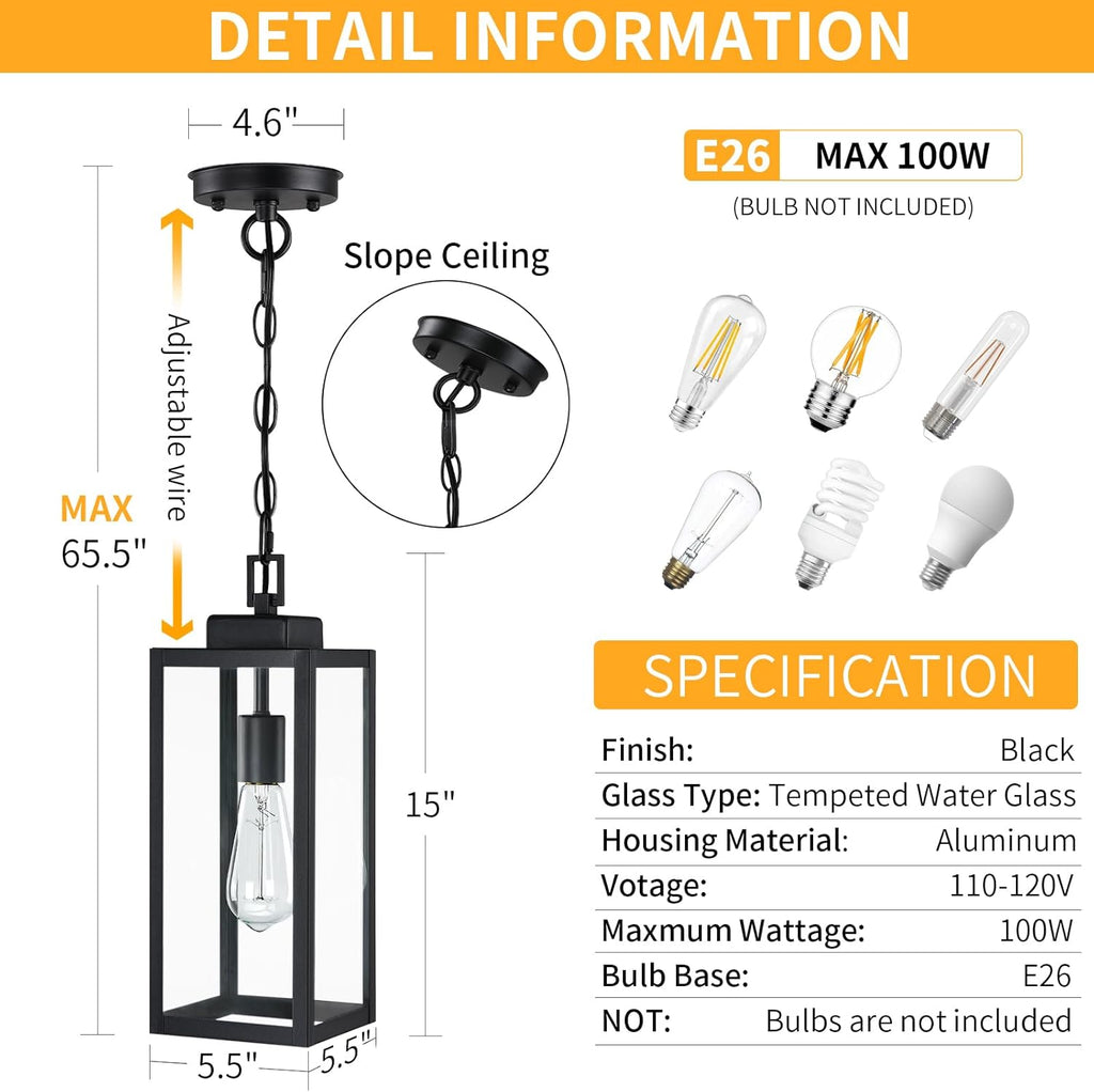 2 Packs 15'' Large Outdoor Pendant Light, Modern Outside Chandelier Outdoor Hanging Lantern Light