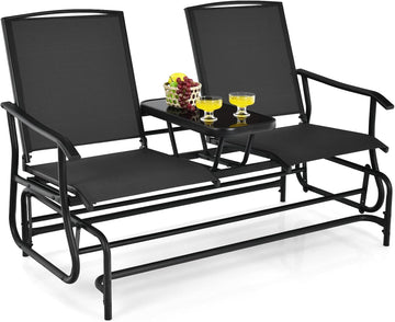 2-Person Outdoor Glider, Patio Glider Bench Chairs with Center Tempered Glass Table & Breathable Loveseat, Double