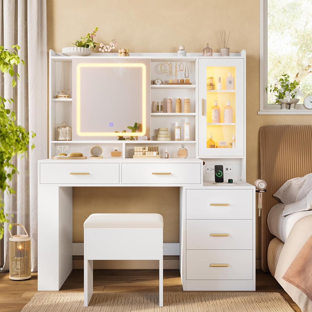 Makeup Vanity Desk with Sliding LED Lighted Mirror, 47.2"W Large Vanity Desk with Drawers, Shelves and Side Storage