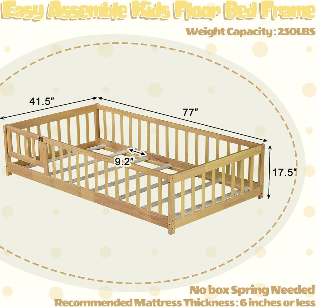 Montessori Twin Floor Bed Frame with Fence and Removable Door, Low Profile Twin Size Montessori Bed Frame for Kids