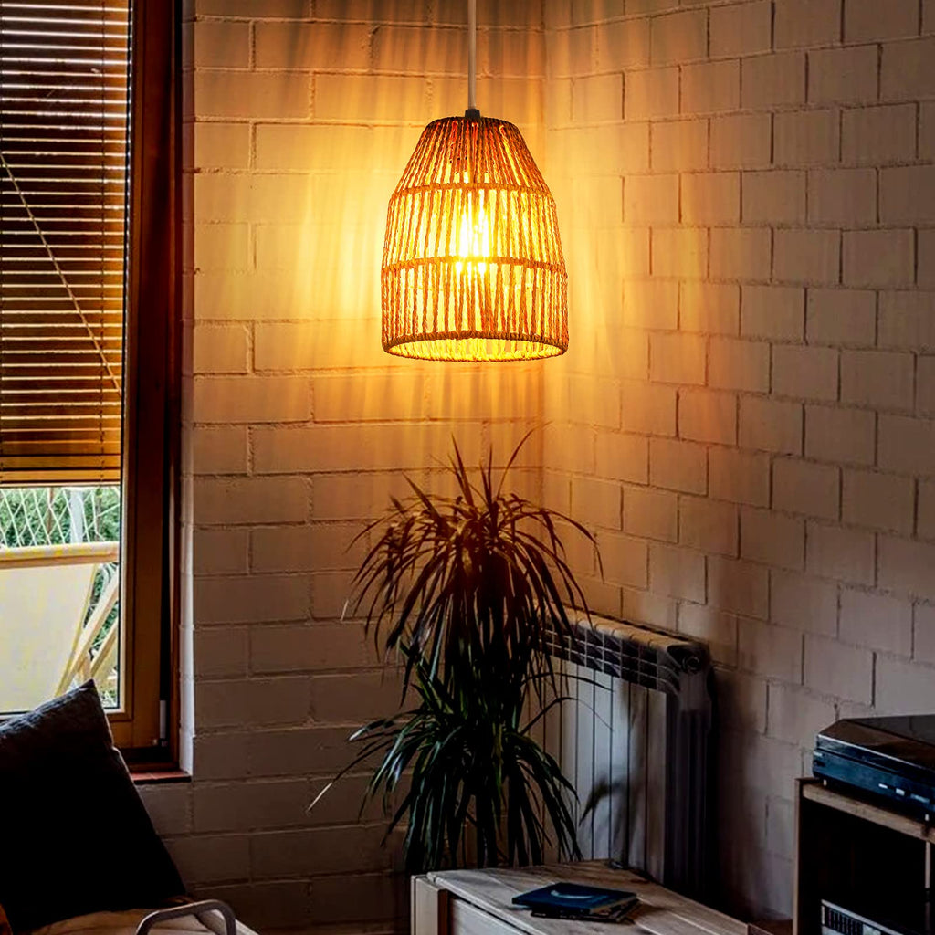 Plug in Pendant Light, Hanging Lights with 15ft Golden Cotton Cord & Stepless Dimming Switch, Handwoven Hemp Rope