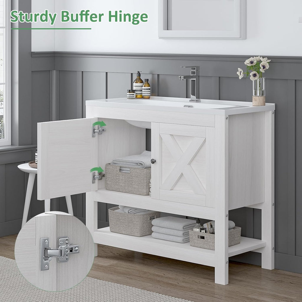 Farmhouse Bathroom Vanity with Sink, 35 Inch Bathroom Vanity Cabinet, Freestanding Vanity, 2 Doors and Open Shelf, Bathroom Cabinet with Ceramic Sink, White