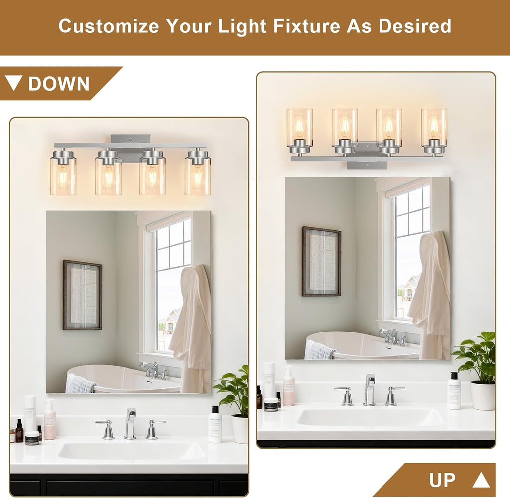 Modern Bathroom Light Fixtures, 4 Light Brushed Nickel Vanity Lights, Bathroom Lighting Fixtures Over Mirror with